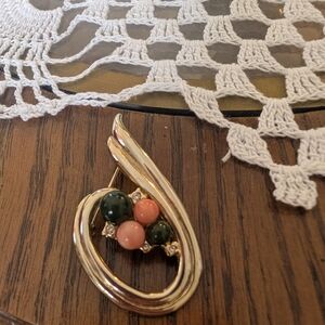 Gold-Tone Brooch with Green and Coral Beads